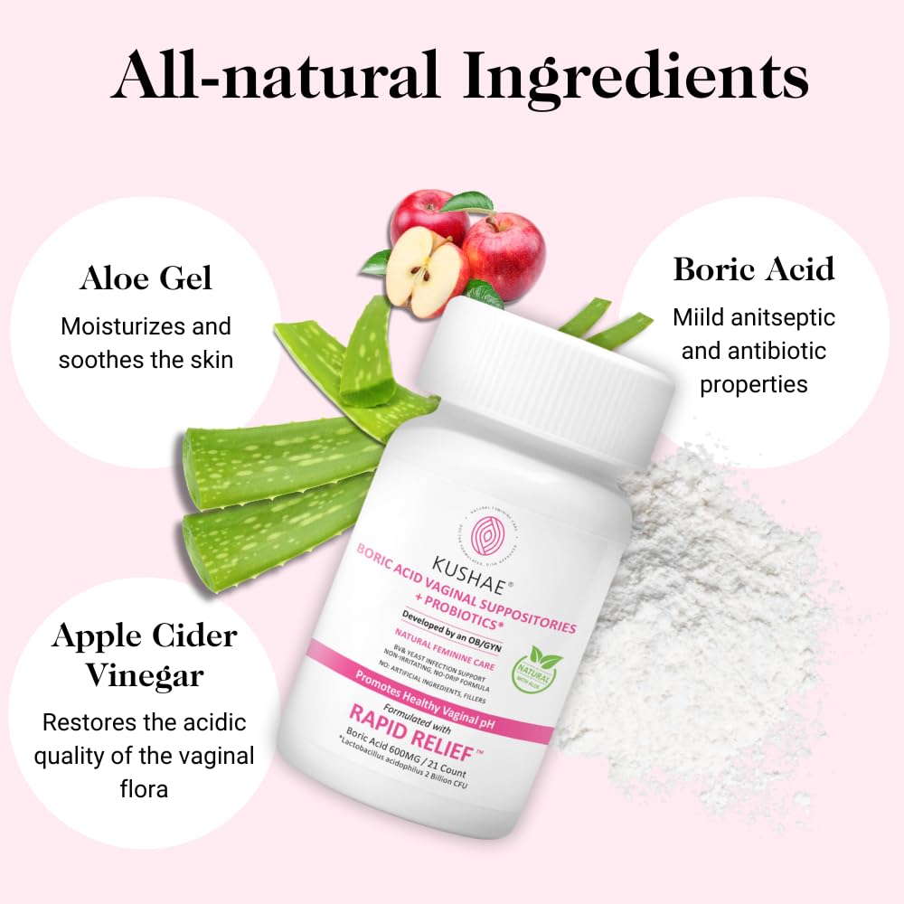 Kushae Boric Acid Suppositories + Rapid Relief with Applicator, All Natural Female Suppositories with Probiotics & Aloe Vera, Relieves Discomfort & Balances pH Level