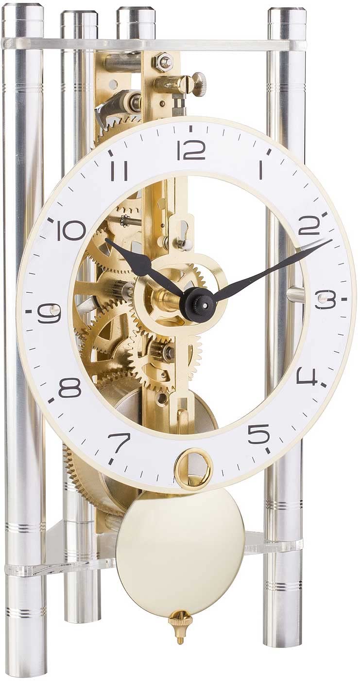 Hermle Skeleton Table Clock with Anodised Aluminium Columns - Triangle 23024-X40721, Arabic Dial Print, Silver, Brass Movement, 19.5 cm x 11 cm x 9 cm