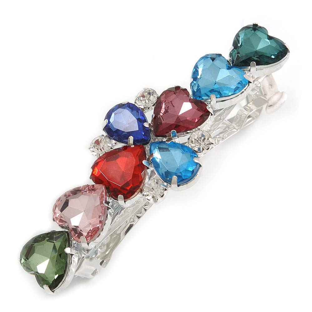 Multicoloured Acrylic Bead Floral Barrette Hair Clip Grip In Silver Tone - 80mm Across