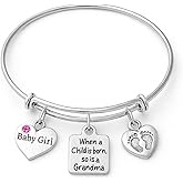 Baby Girl Grandma Bracelet – Expandable Silver Bangle with Baby Girl Charm, Pink Crystal Heart, Footprints Charm, New Grandma Gift, Baby Shower or Birth Announcement Jewelry
