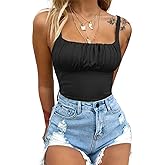 BEJONS Women's Sexy Square Neck Ruched Bodysuit Sleeveless Double Lined Tank Tops