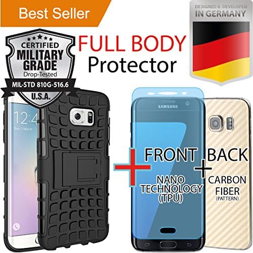 Samsung Galaxy S7 Edge [5.5] Pack [Heavy Duty] Case [Dual Layer] + [FULL BODY COVERAGE] (Front [TPU] + Back [Carbon Fiber]) Screen Protector [Kick Stand] Hybrid Cover [Anti Scratch] Black