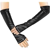 Luwint Long Fingerless Gloves, Faux Leather Women Elbow Length Black Dress Gloves for Wedding Opera Party Costume
