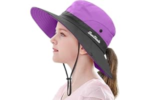 LCZTN Kids Ponytail Sun Hat Wide Brim UV Protection for Girls Beach Bucket Cap