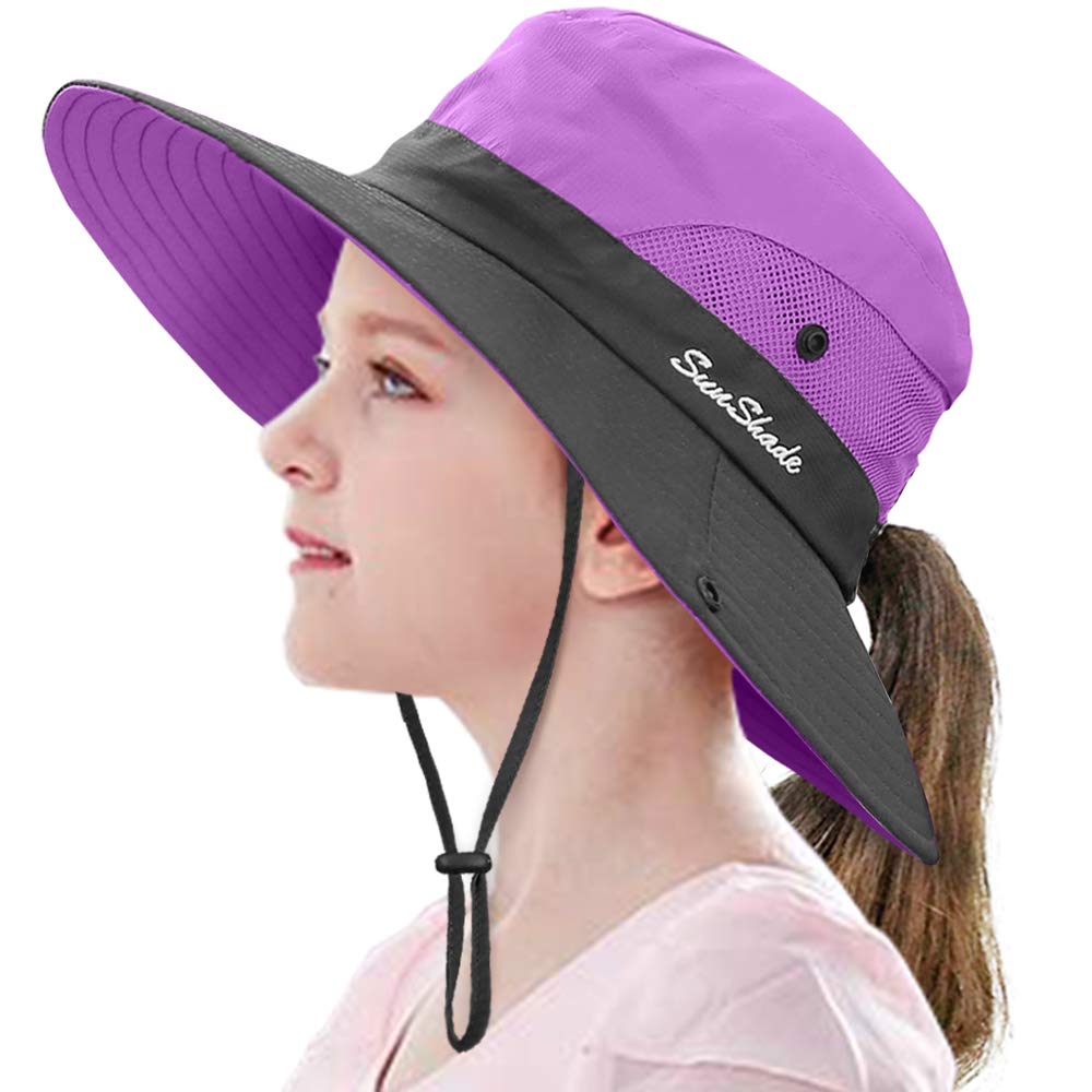 Kids Ponytail Sun Hat Wide Brim UV Protection for Girls Beach Bucket Cap Purple…