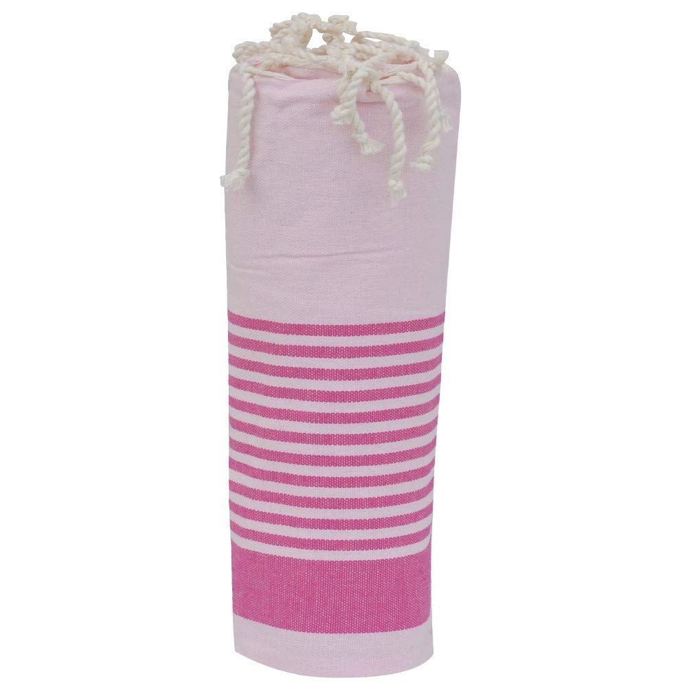 LES POULETTES BIJOUX - Fouta Beach Towel Cotton Pink Color Fuchsia Band and Small Stripes 100 x 200cm