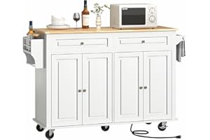 Hlivelood 55" Movable Kitchen Island with Drop Leaf and Power Outlet, Rolling Island Cart w/Storage Cabinet, Island Table on Wheels for Kitchen w/2 Drawers, Spice Rack, Towel Bar, Garage Hook, White