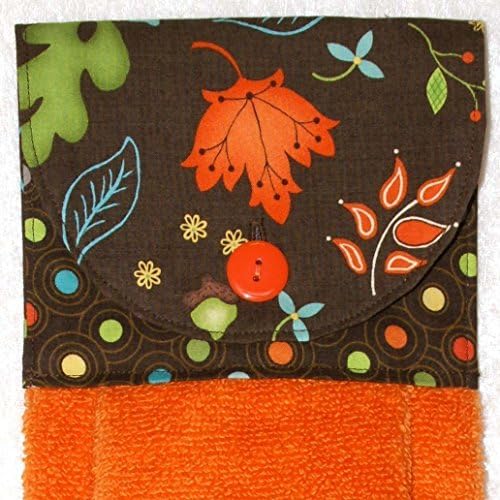 Orange Hanging Hand Towel • Orange Kitchen Towel in Fall Leaves Print With Button