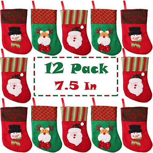 PartyBus 7.5 Inch Mini Christmas Stockings 12 Pack, 3D Small Embroidered Felt Xmas Tree Decorations Bulk, Gift Card Holders Cash Bags Holiday Treats for Family Coworkers Neighbors Kids Dogs Cats