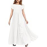 MITILLY Girls Lace Flower Maxi Dress Ruffle Sleeve A-Line Flowy Junior Bridesmaid Chiffon Dresses for Wedding Party