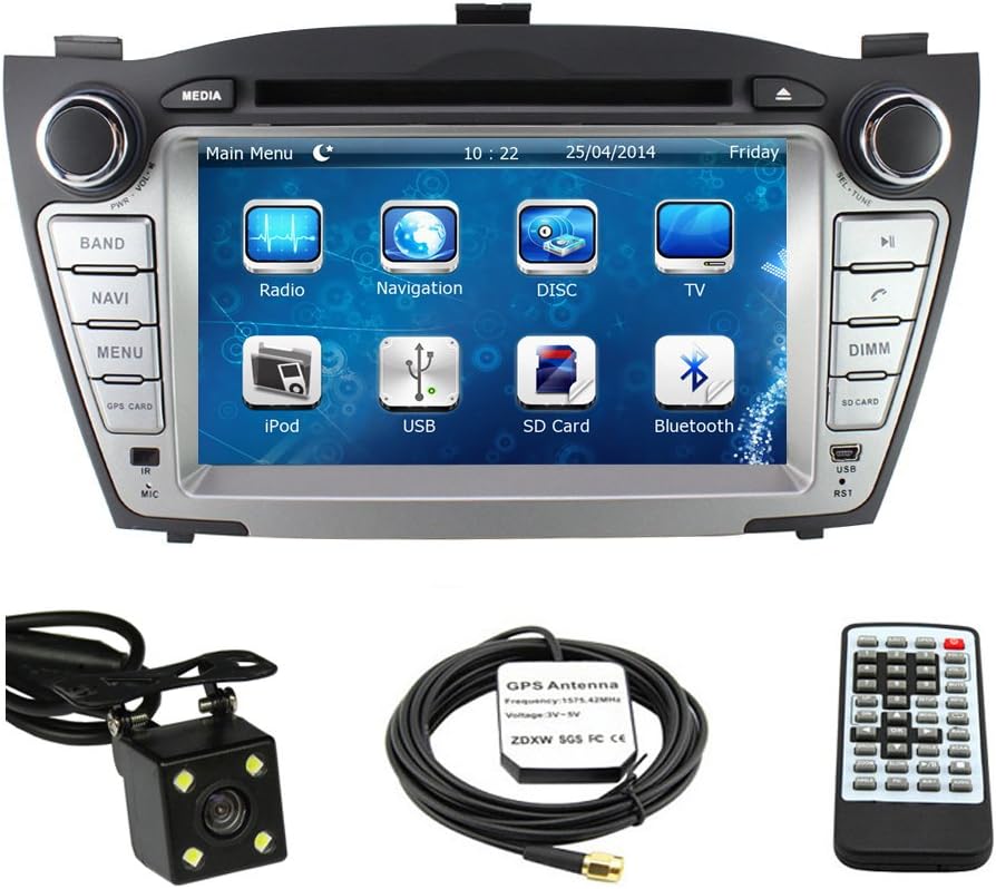 Car Stereo DVD Player for Hyundai Tucson 2011 2012 2013 2014 2015 Double Din 8 Inch Touch Screen TFT LCD Monitor In-dash DVD Video Receiver Car GPS Navigation System with Built-In Bluetooth TV Radio, Support Factory Steering Wheel Control, RDS SD/USB iPod AV BT AUX IN+ Free Rear View Camera + Free GPS Map of USA