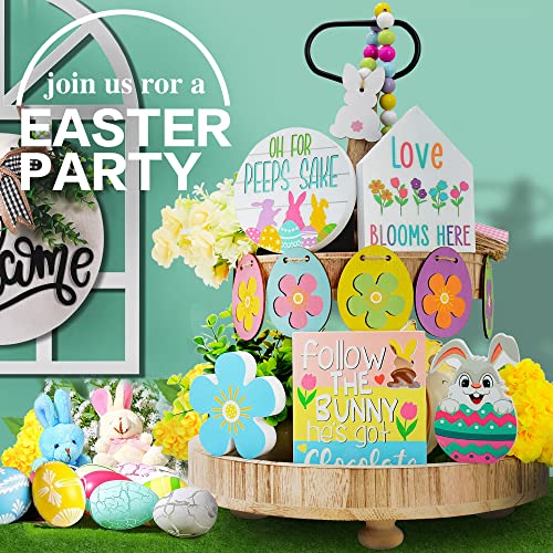 DSYSMIN 12 PCS Tiered Tray Decor Set Easter,Easter Decorations Incl.Wooden Bunny, Egg, Wood Bead with Tassel, Easter Egg Decoration Rustic for Easter Tiered Tray Items(Tray NOT Included)