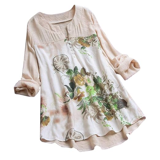 TEBAISE Damen Casual Übergröße Unregelmäßige Kurzarm Leinen Shirt Mode Knopf Lose Vintage Bluse Fest Hemd Lang Tank Tops T-Sh