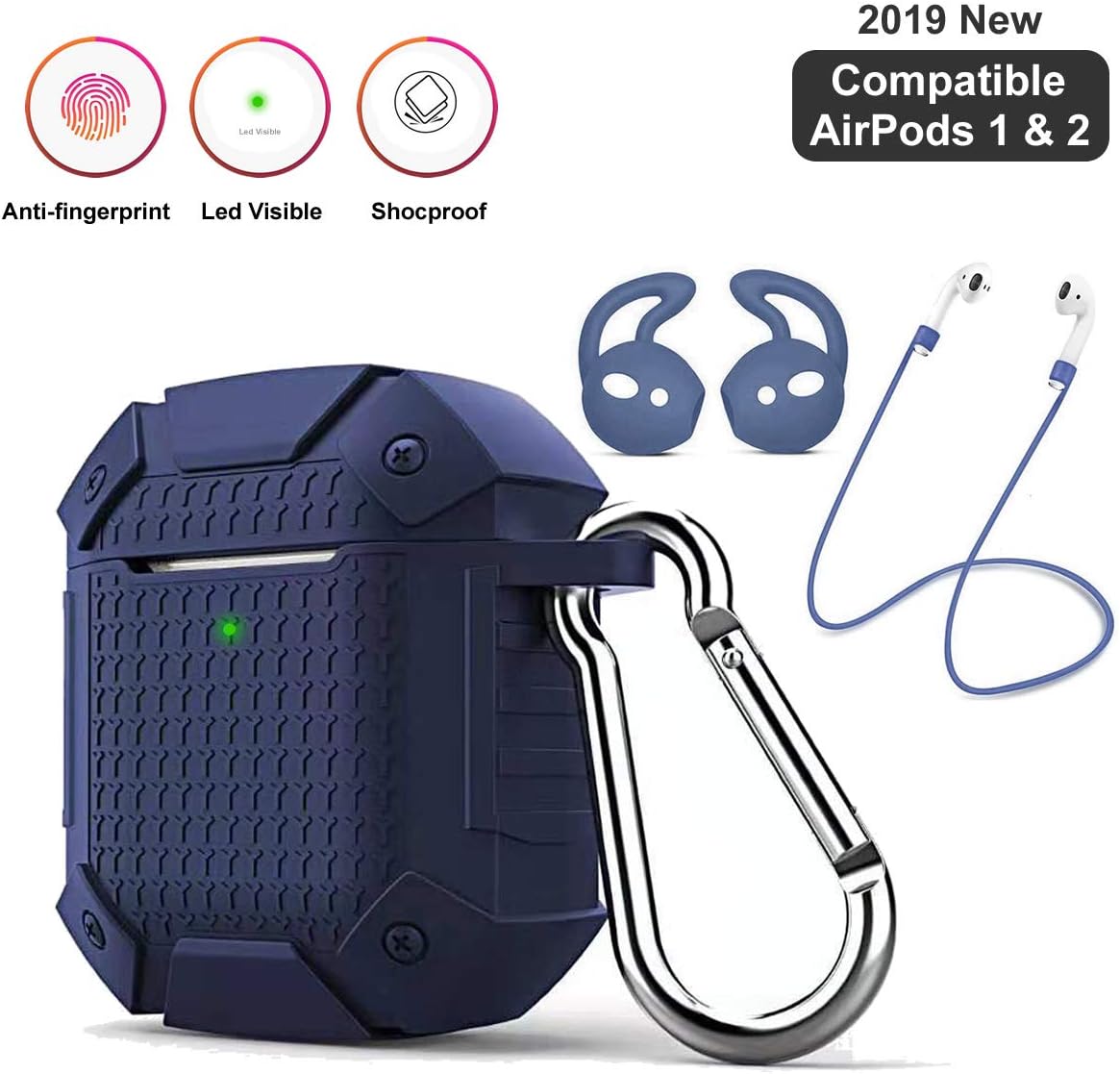 AirPods Case Accessories Kit , 2019 Silicone Heavy Duty Armor Protective Shockproof Airpod Cover Skin with Keychain, Ear Hook, Airpods Strap Set for Apple AirPod 1 & 2 (armor-blue)