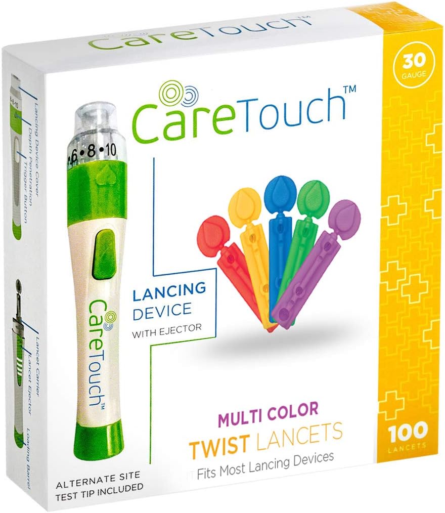 Care Touch Adjustable Lancing Device with 100 Multi Colored Twist Top Lancets | 100 30-Gauge Lancets and Lancing Device | 10 Depths: Health & Personal Care