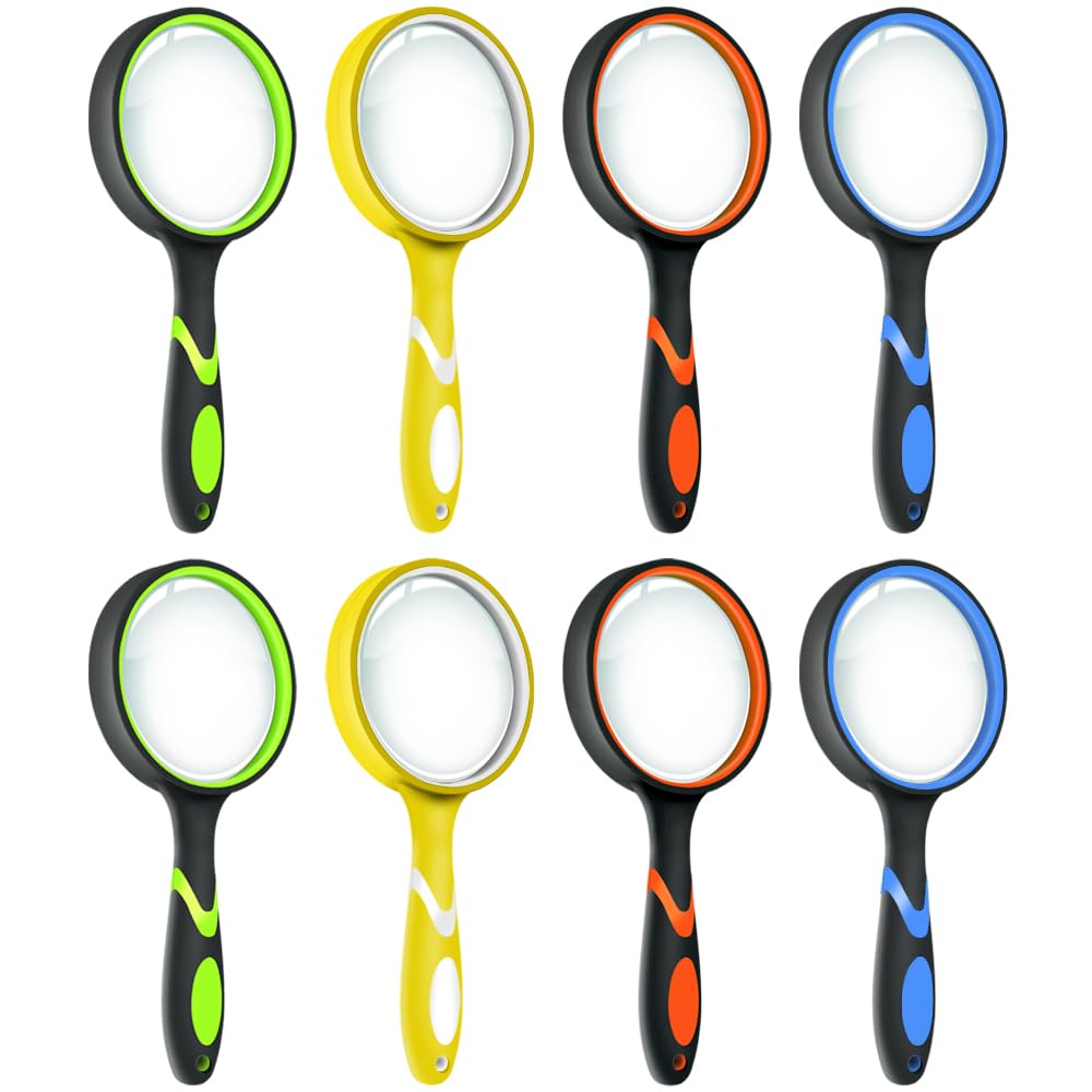 Leffis 8 Pack Magnifying Glass, 50mm 10X Glasses Lens Reading Magnifier for Kids and Seniors, Non-Slip Handheld Magnifying Glass for Close Work, Nature Exploration