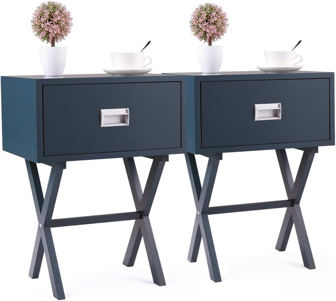 Sandinrayli 2PCS End Side Table Nightstand Storage w/Drawer and Beam Home Decor Furniture Bedside Blue