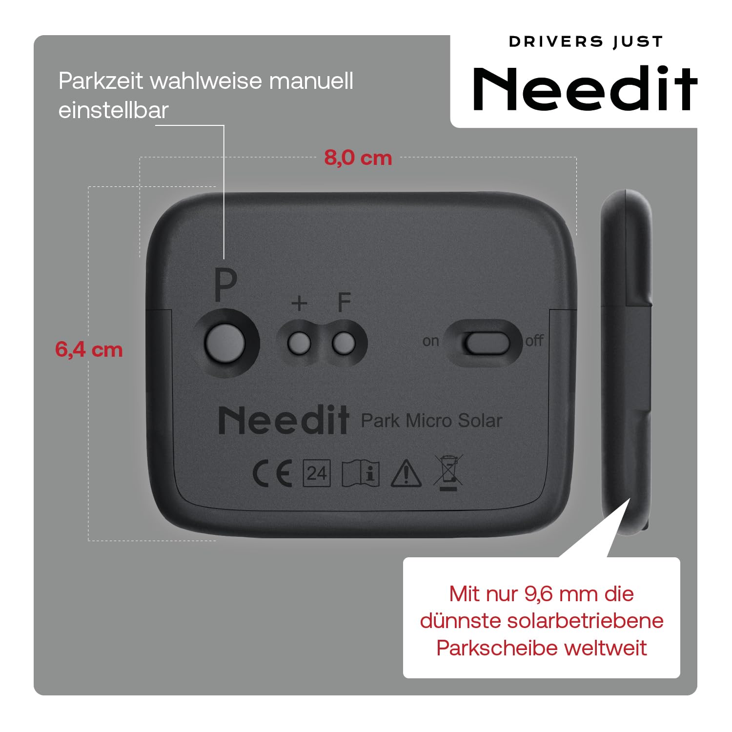 Needit Park Micro Solar elektronische Parkscheibe [NEUES Modell 2025] I unendlich Energie, Null Batteriewechsel | einzige Parkscheibe in Deutschland mit integriertem wiederaufladbarem Akku | schwarz 5