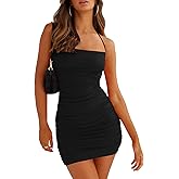 HOCILLE Women's Sexy Halter Bodycon Backless Ruched Spaghetti Strap Mini Club Party Dresses