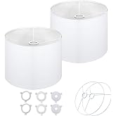 Drum Fabric White Lamp Shades Set of 2 &ndash; 13" Top x 13" Bottom x 10" High | Qvtekn Medium Lampshades for Floor &amp; Table Lamps,Natural Linen Handcrafted Lamp Shades for Living Room,Bedroom,Easy Assembly