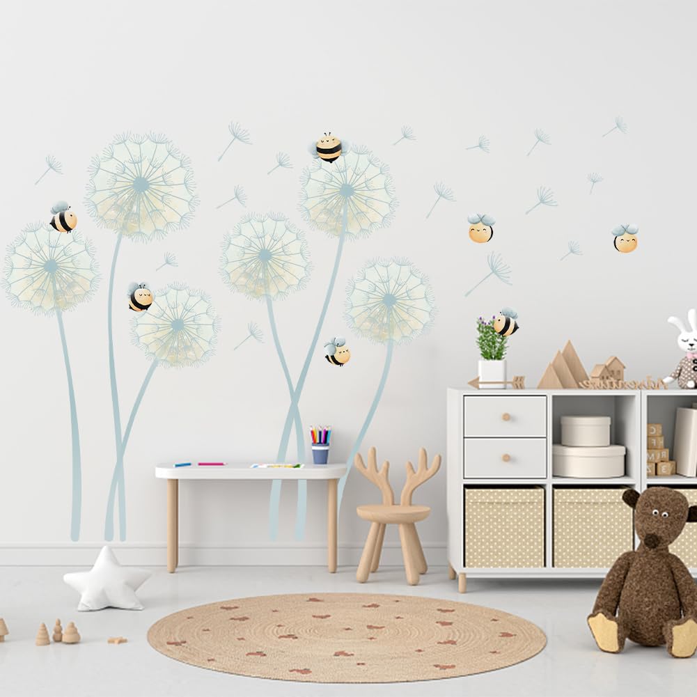 SUPERDANT Dandelion Bee Wall Sticker Wild Plants Wall Decal Colorful Bees Vinyl Wallpaper Art Decor for Girls Baby Nursery Bedroom Playroom Home Decoration