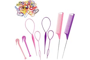 Topsy Tail Hair Tools, 208pcs Hair Styling Tools, 2pcs Rat Tail Comb 4pcs French Braiding Tool Hair Loop Styling Tool 2pcs El