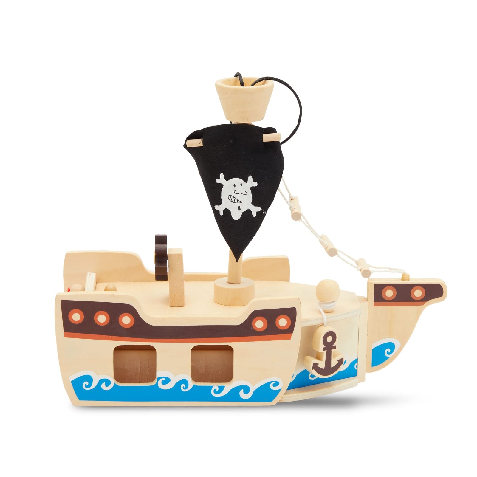 BLUE PANDA Wooden Pirate Ship Toy Playset for Kids with Shark Figurine, Boat & 11 Pieces - Pirate Toys for Age 3 and Above