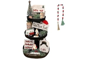 DULRLLY 7pcs Christmas Tiered Tray Decor Set, Rustic Farmhouse Autumn Fall Supplies, Xmas Wooden Tabletop Signs for Christmas Farmhouse Home Kitchen Party Decoration (Not Included Tray)