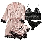 Kunpengzhi 4Pcs Womens Lace Silk Pajamas Robes Set Pajamas Cami Shorts Satin Sleepwear Lace Loungewear Pjs (US, Alpha, Large, Regular, Regular, Purple)