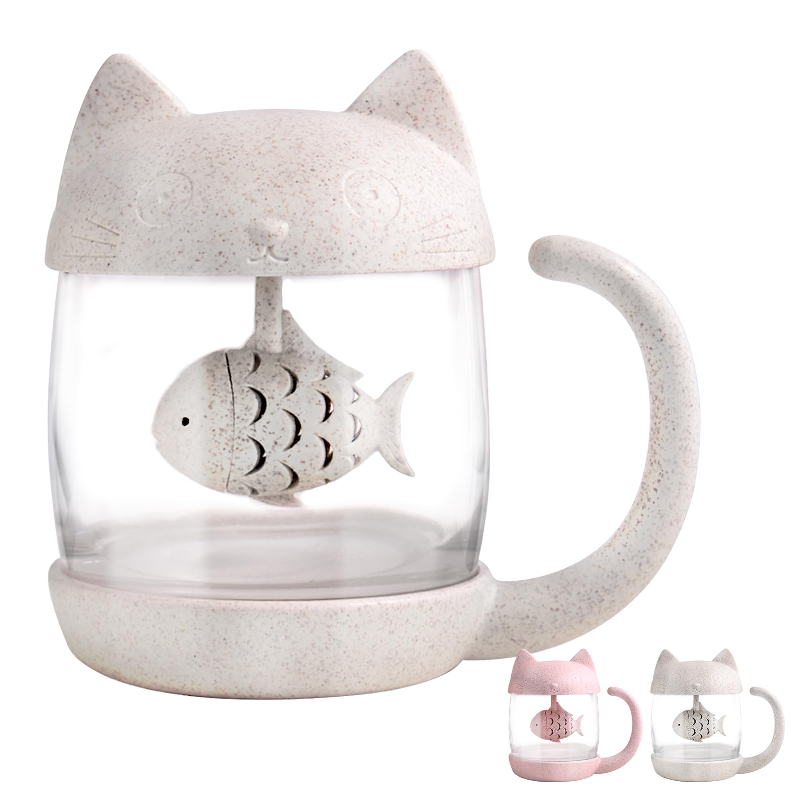 Cute Cat Mug Glass Tea Mug Cup with Fish Tea Infuser Strainer Filter, Kawaii Funny Cool Personalised Mug Christmas Birthday Gifts for Women Girl Her Teacher Friend Mother's Day Halloween 250ML (8OZ)