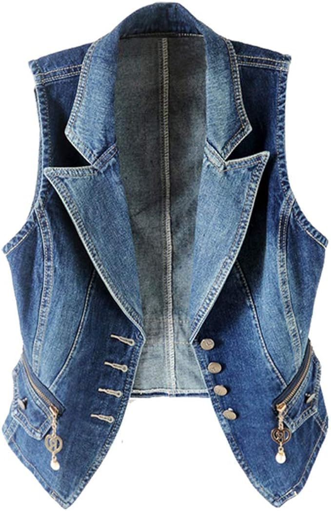 Women Button Up Denim Gilets Waistcoat Vest Sleeveless Jean Vest VNeck
