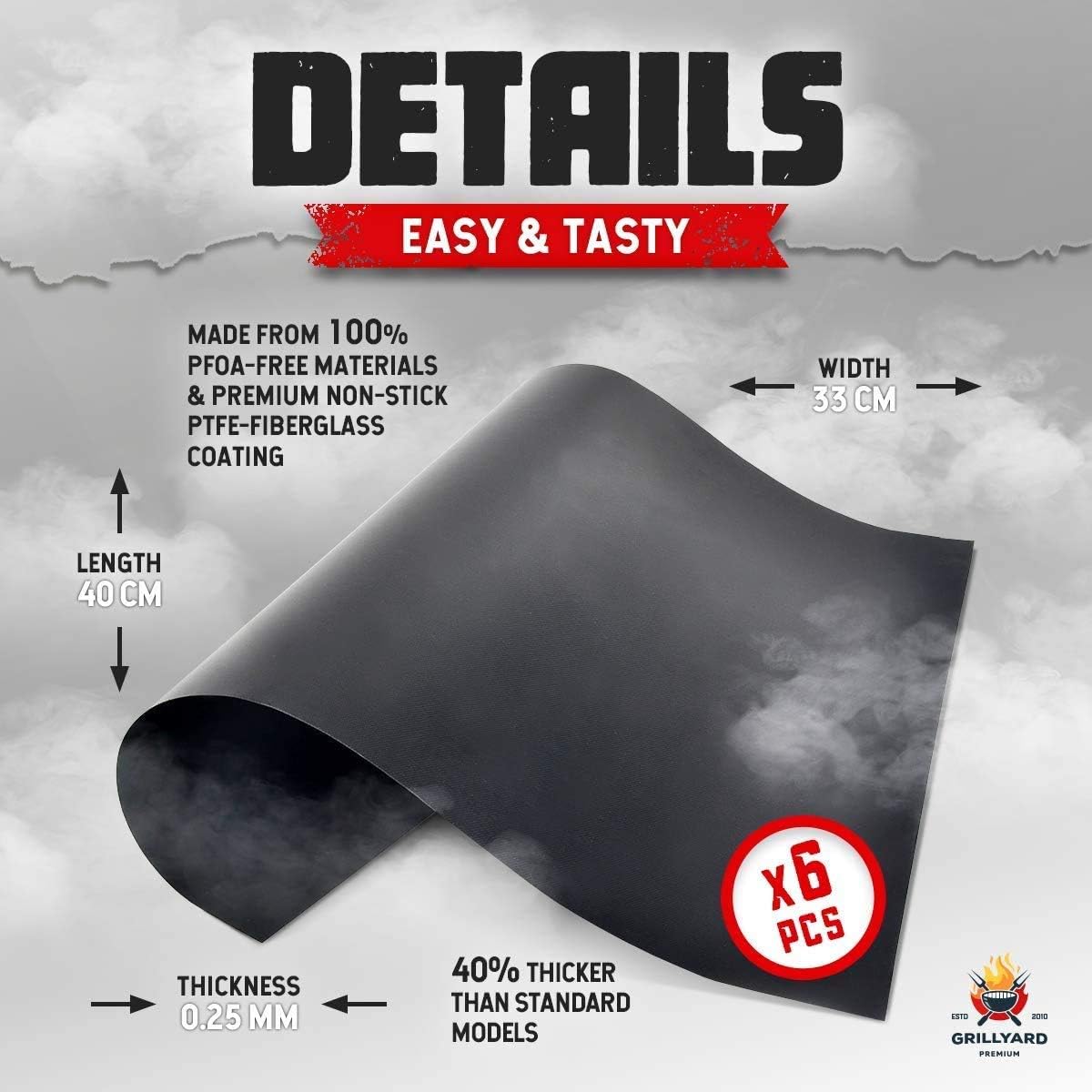 GRILLYARD Grill Mat Set of 6 – Non-Stick, Reusable BBQ Grill Mats for Gas, Charcoal, Electric Grill – Temperature Resistant – Heavy Duty Design – Easy to Clean (Black): Garden & Outdoor