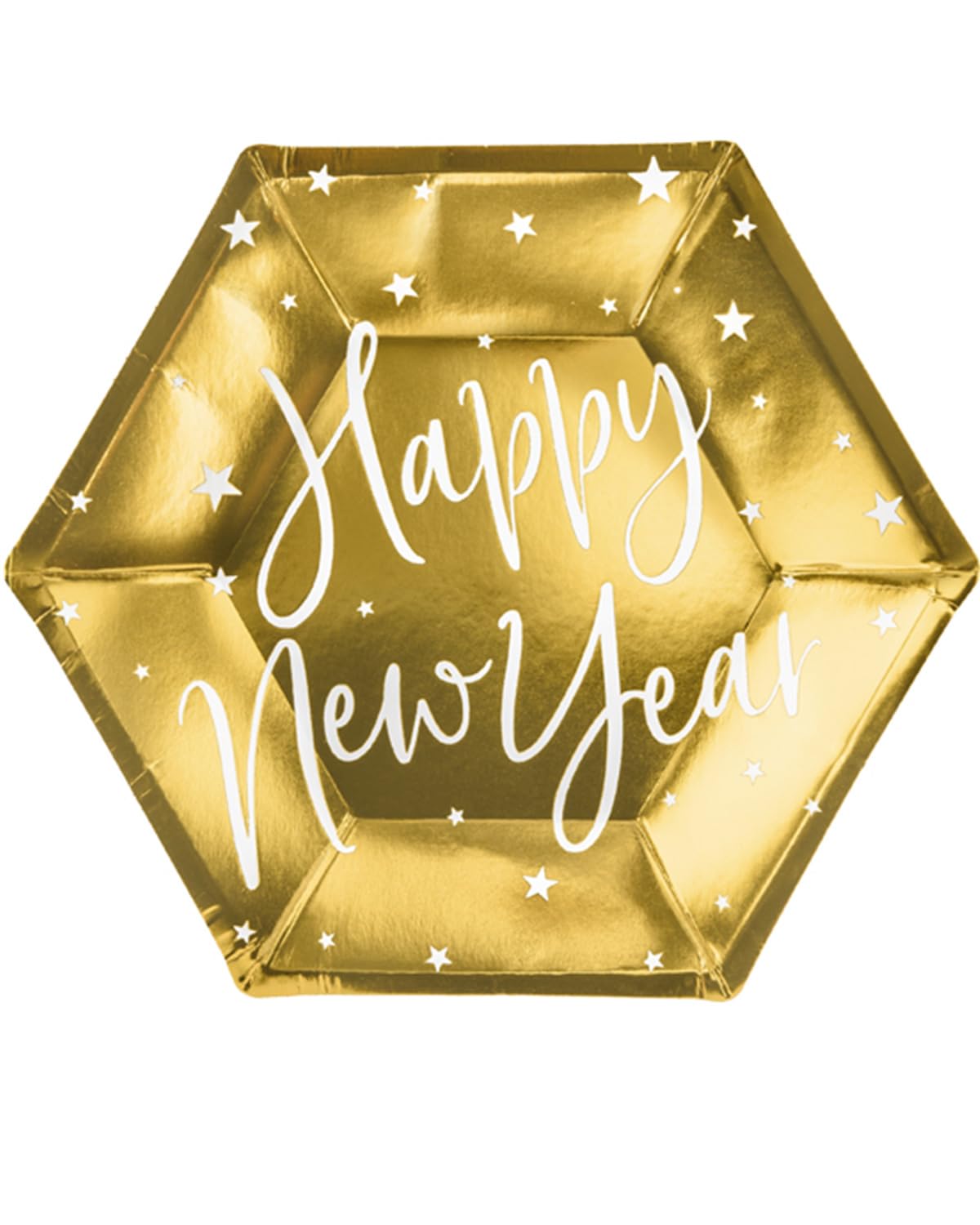 Partydeco sp. z o.o. sp. k. Golden plates with the inscription: Happy New Year white and stars of the same color, 6 pieces