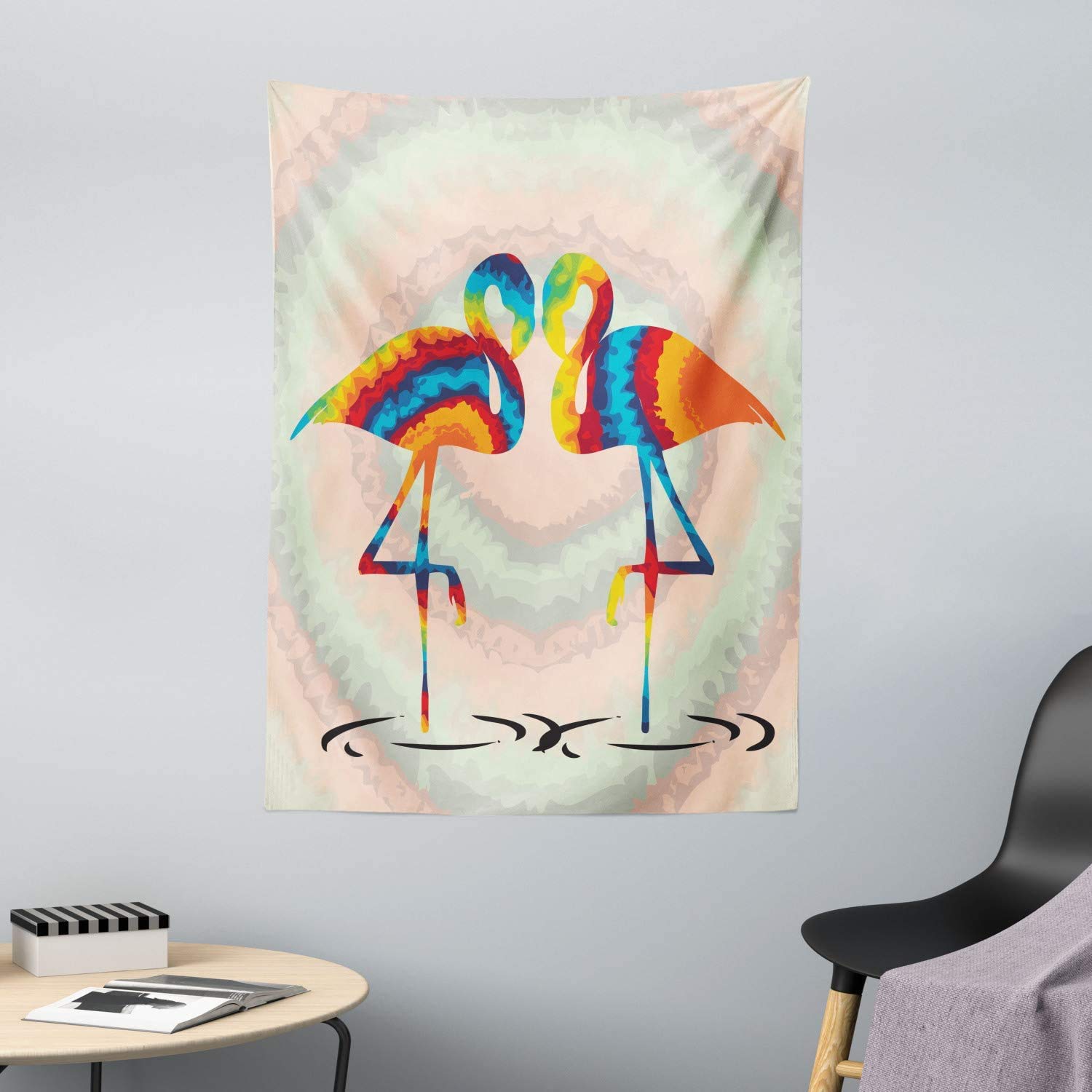 ABAKUHAUS Flamingo Tapestry, Colorful Love Valentine Flamingos Illustration Retro Circles at Back Funky Print, Fabric Wall Hanging Decor for Bedroom Living Room Dorm, 43 W X 58 L, Ivory Multicolor
