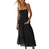 Wenrine Womens Summer Beach Dresses Backless Spaghetti Straps Self Tie Tiered Flowy Casual Maxi Dress with Pockets