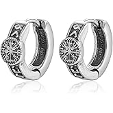 Lantine Stainless Steel Viking Hoop Earrings for Men Engraved Norse Celtic Knot Rune Huggie Hinged Vintage Punk Gothic Jewelry