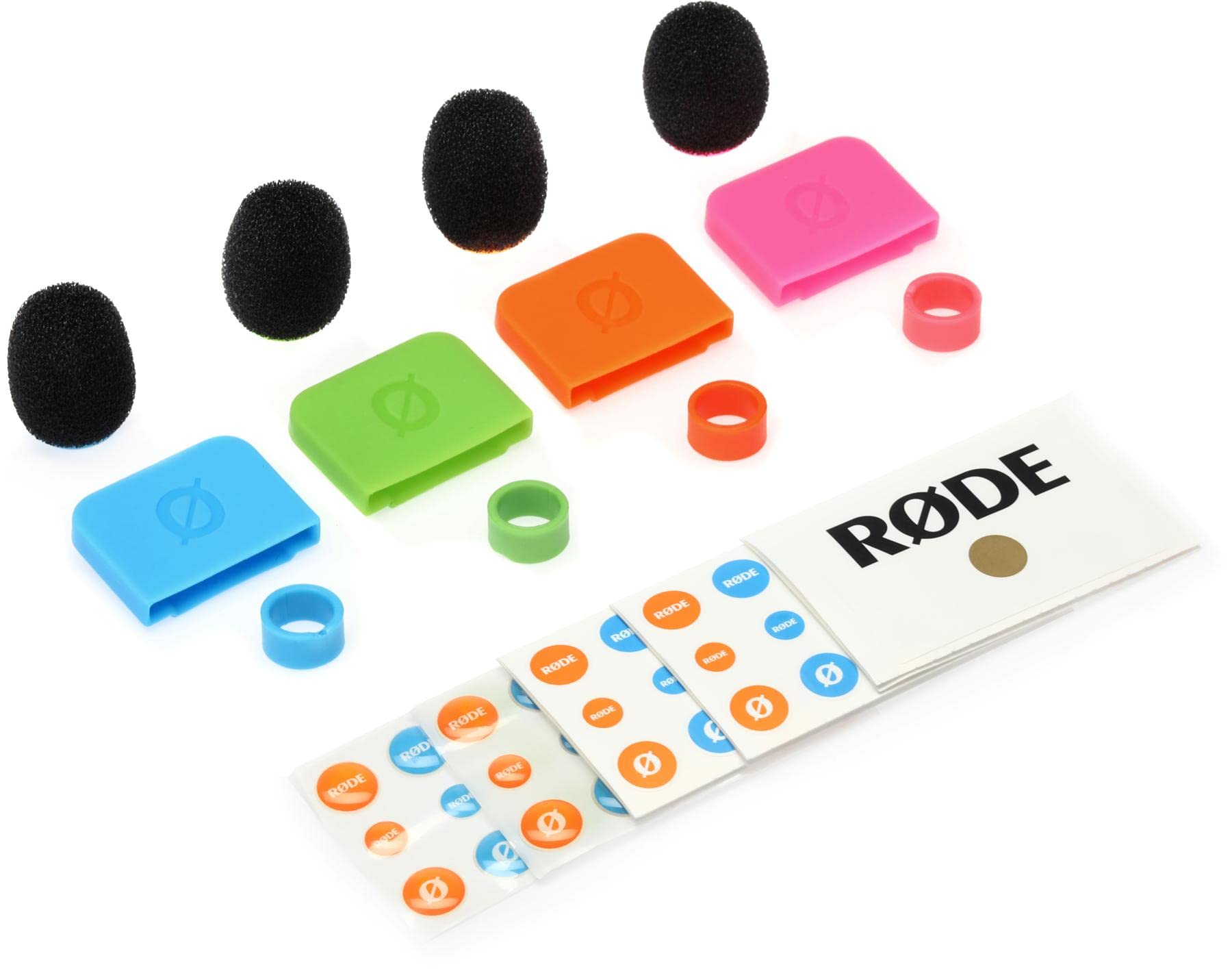 RØDE Colors 2 is a set of four coloured windshields, cable identification rings, tags and a sticker sheet for RØDE Wireless GO & Lavaliers