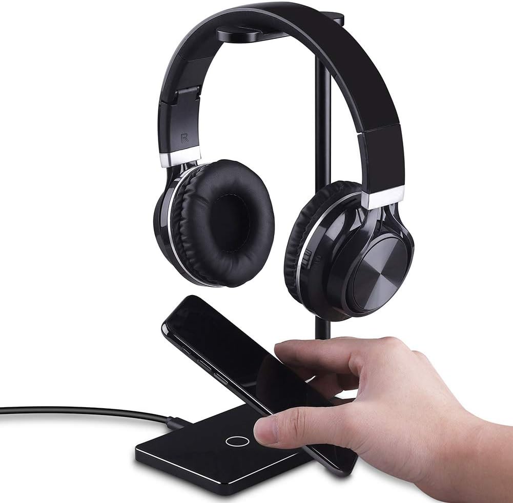 Headphone Stand & Wireless Charger,2-in-1 Fast Wireless Charging Pad with Headset Holder For iphone X/8/8 Plus,Samsung Galaxy S9/S9+/Note8/5/S8/S8+S7/S7 Edge/S6 - Black