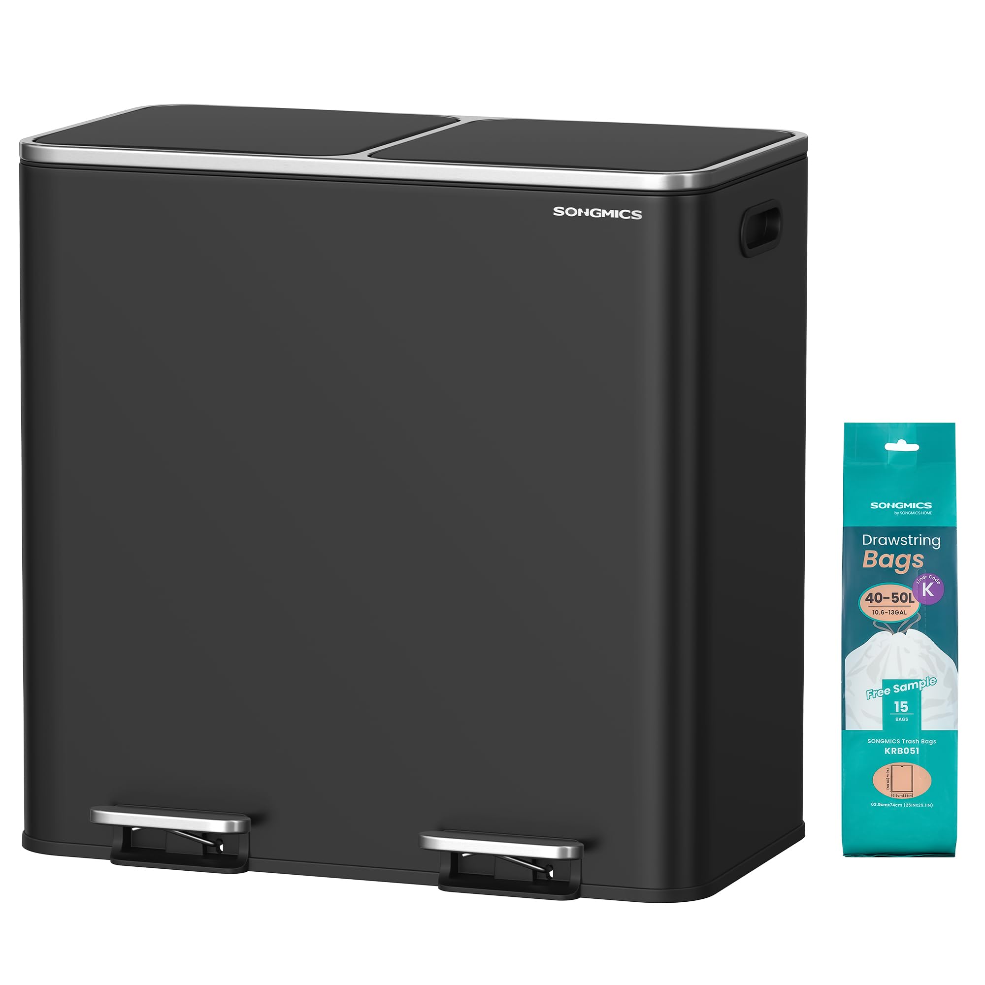 Photo 1 of ***FOR PARTS/ DAMAGED*** SONGMICS Trash Can, 2 x 10.6 Gallon (2 x 40 L) Garbage Can for Kitchen, with 15 Trash Bags, 2 Compartments, Plastic Inner Buckets and Hinged Lids, Airtight, Black ULTB730B80