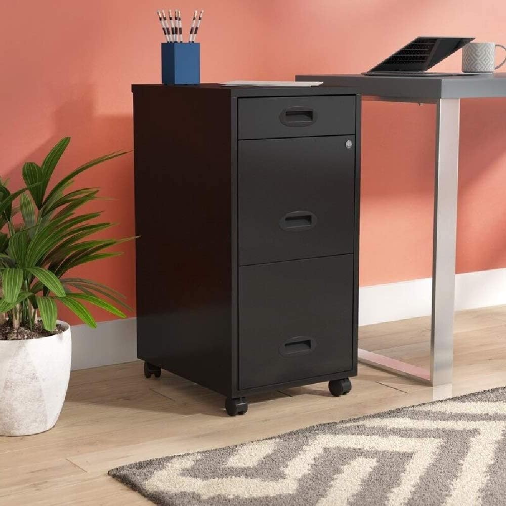 Filing Cabinet with 3 Drawers and Lock, Hanging File Cart Rolling, Locking Two Drawers, Metal Heavy Duty Storage Letter Organizer with Wheels, Black