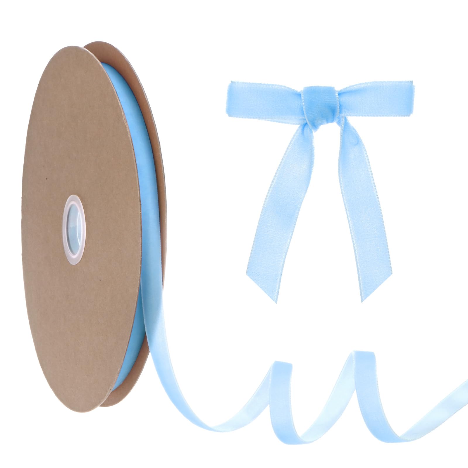 M METERXITY Thin Velvet Ribbon, 3/8'' 25 Yards Single Side Christmas Ribbon for Christmas Tree/Gift Wrapping/Flower Bouquet/Wreath Decorations/Bow Making/Handmade Crafts [Light Blue]