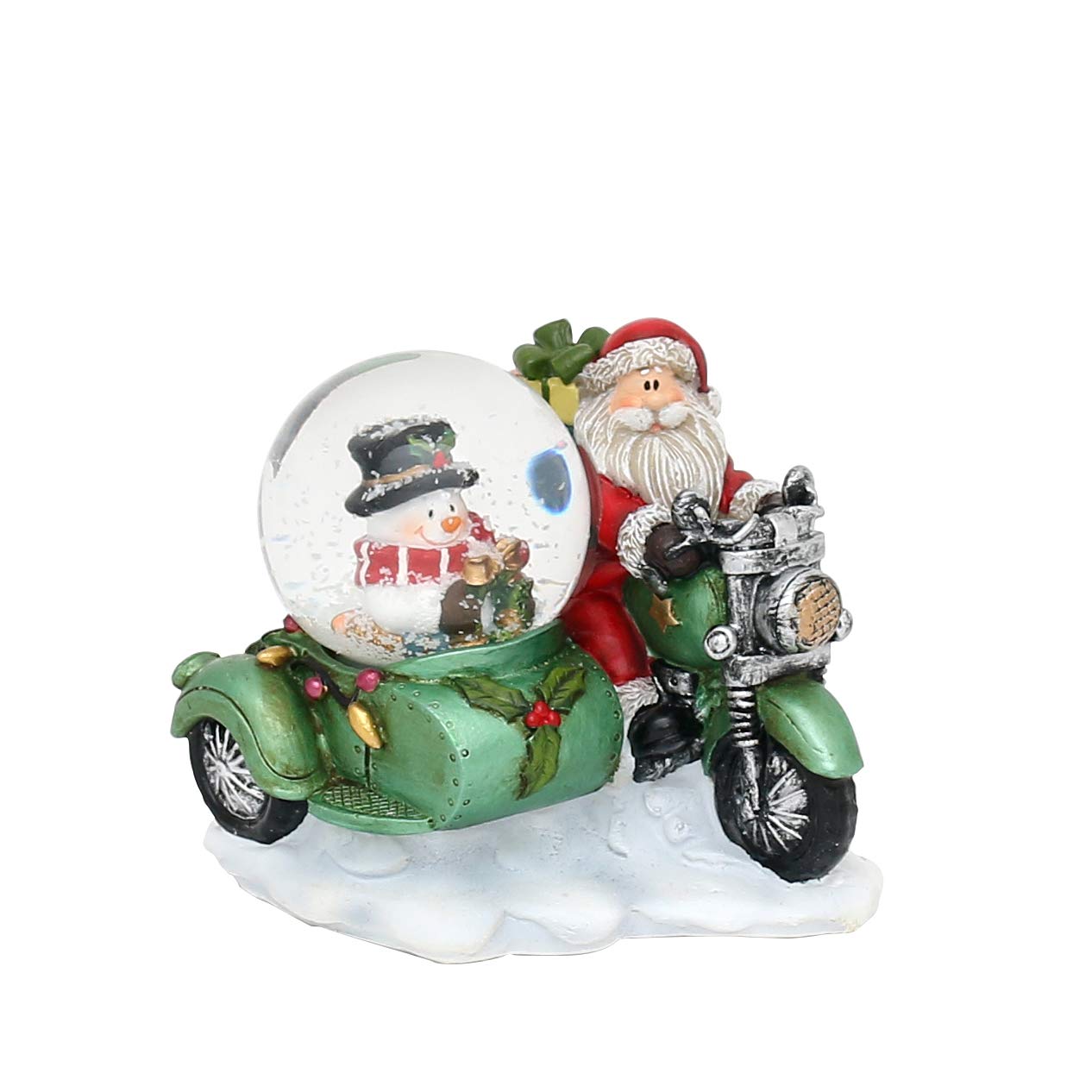 Dekohelden24 Small snow globe, side car machine in green, L/W/H 8 x 9 x 7.5 cm, ball diameter 4.5 cm.