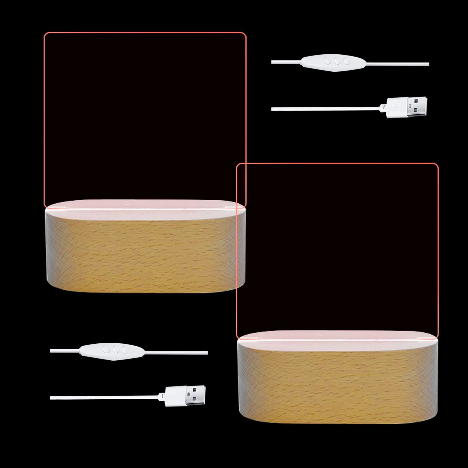 CDIYTOOL LED Lights Display Base, 2 Pack Wooden Lighted USB LED Light Base Stand Desktop Display Base with 2PCS Clear Acrylic Sheets (Colorful Light,Oval)