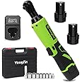 YOUGFIN Cordless Electric Ratchet Wrench 3/8", Power Socket Wrench 40 Ft-lbs, Brushless Torque Ratchet with 2 Batteries (2.0Ah) & Charger, Compact Electric Right Angle Ratchet for Car Narrow Space 12v
