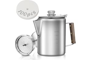 shoxil Coffee Percolator with 100pcs Coffee Filters - 12 Cups | Durable Stainless Steel Material Camping Coffee Pot| Brew Coffee On Fire, Grill or Stovetop | Ideal for Home, Camping