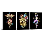 iHAPPYWALL 3 Pieces Doctor Nurse Wall Art Flower Caduceus Heart Anatomy Syringe Black and Gold Medical Office Inspirational Quote Print for Home Hospital Clinic Ready to Hang 12x16inchx3pcs