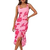 MEROKEETY Women's 2026 Summer Floral Bodycon Dress Square Neck Sleeveless Ruffle Cocktail Mesh Beach Vacation Midi Dresses