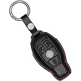 Yonjoo for Mercedes Benz Key fob Cover Genuine Leather with Keychain,Leather Key case Protector Compatible C E M S CLS CLK GLK GLC G AMG Series Smart Remote Key -Black(Red Line)