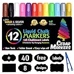 Cedar Markers Liquid Chalk Markers - 12 Pack With Free 40 Chalkboard Labels - Neon Color Pens Including Gold And Silver Ink. Reversible Bullet And Chisel Tip And A Brand New Revolutionary Cap.