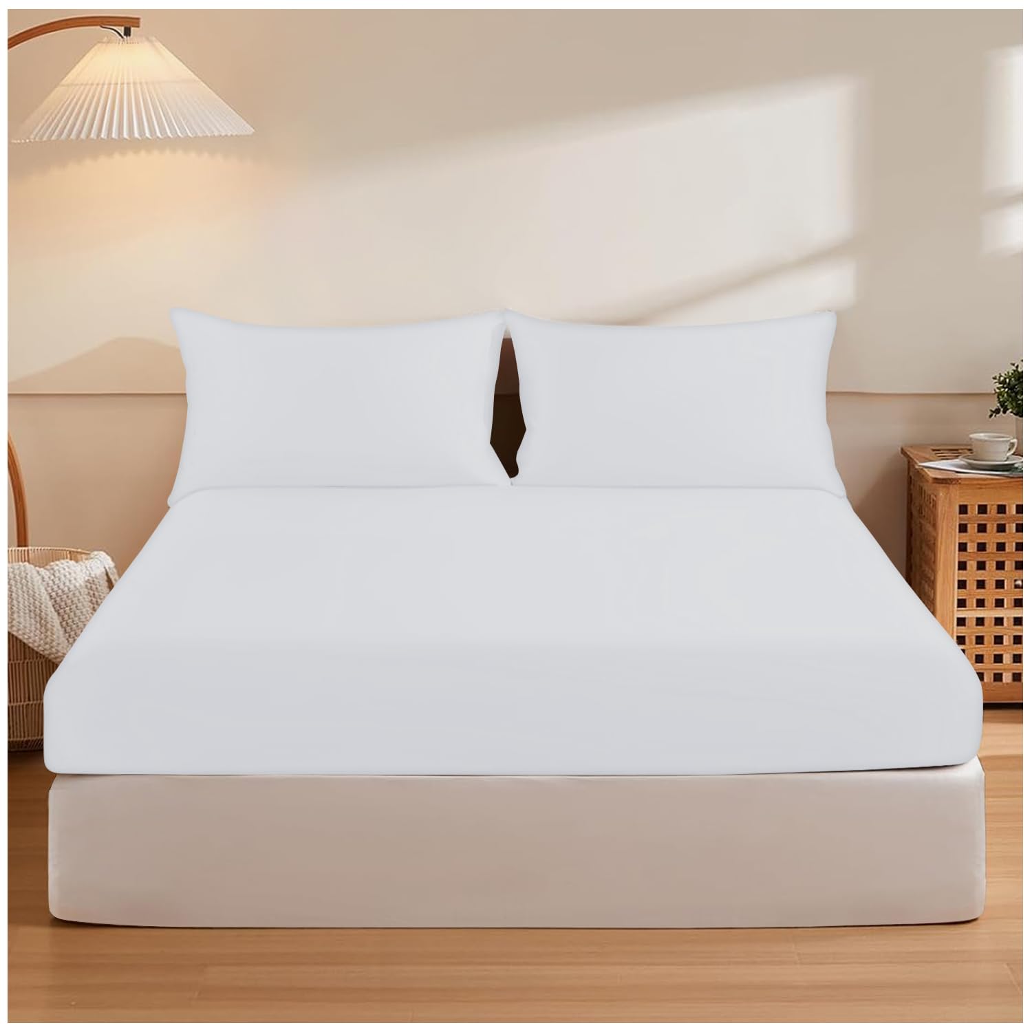 GC GAVENO CAVAILIA Easy Care Polycotton Fitted, Plain Dyed Bed Sheets OR Housewife Pillowcases 2 Pack, Polyester-Cotton, White, Single